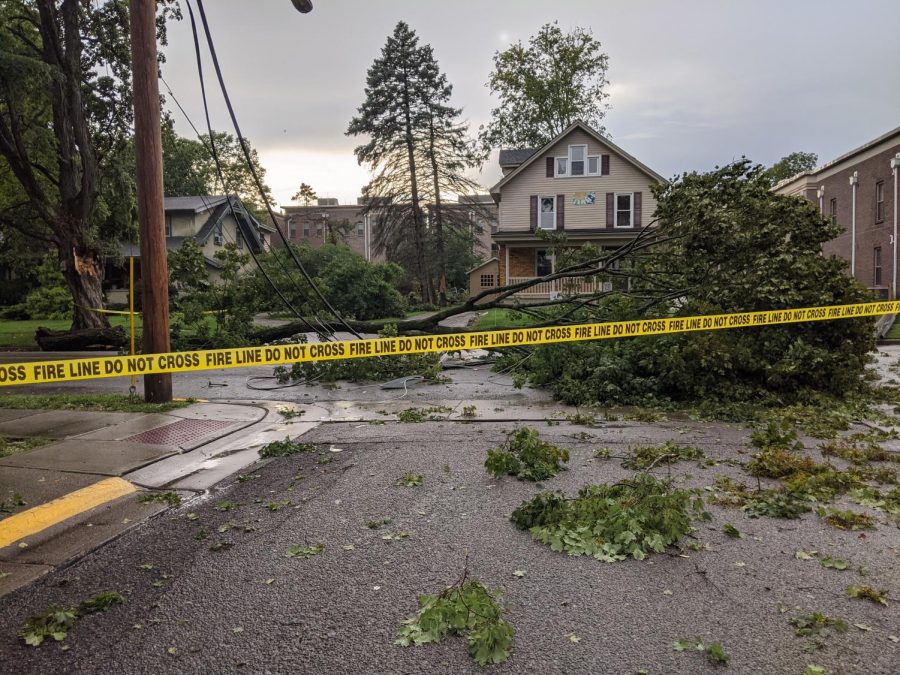 Wind and rain bring a tree crashing down across power lines on South Main Street, Thursday afternoon, blocking the intersection of Main and Wooster Place. 