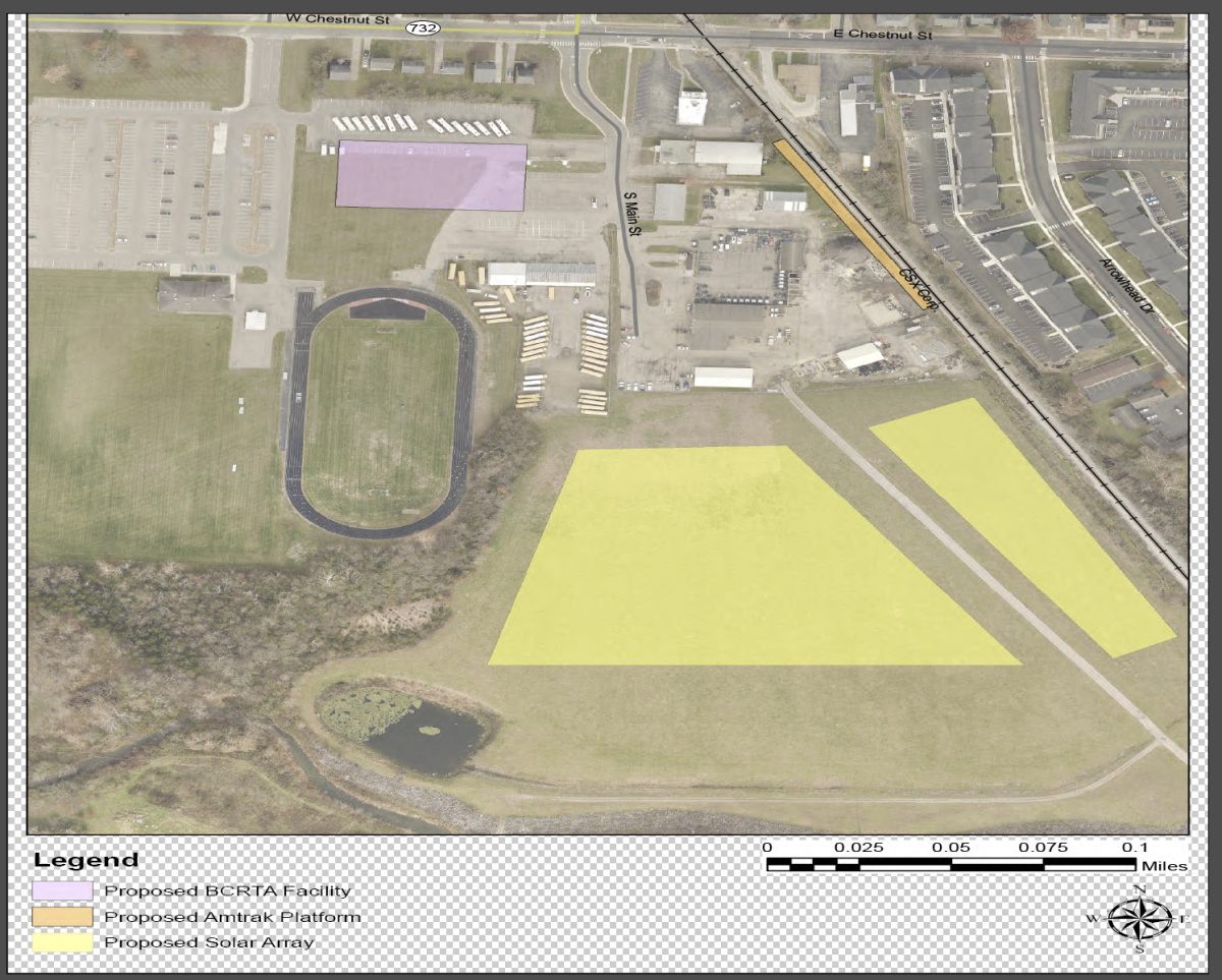 This aerial view shows the planned solar array (marked in yellow) adjacent to the Chestnut Fields project, which is expected to include a Butler County bus facility (marked in pink) and an Amtrak platform (marked in orange).