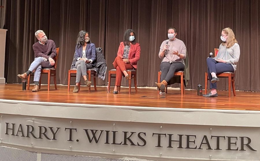 From left: Councilor David Prytherch, Councilor Chantel Raghu, candidate Amber Franklin and candidate Alex French, and emcee Cameron Tiefenthaler, participate in a discussion on city leadership in the Wilks Theater of Miami University’s Armstrong Center.