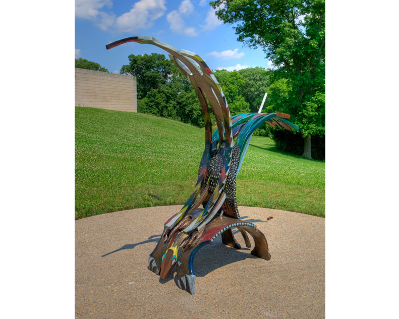 This sculpture, “A Tribe Named Miami, A Surveyors Stake, a Town Named Oxford,” by Myaamia artist Eugene Brown, is in the sculpture garden of the Miami University Art Museum. 