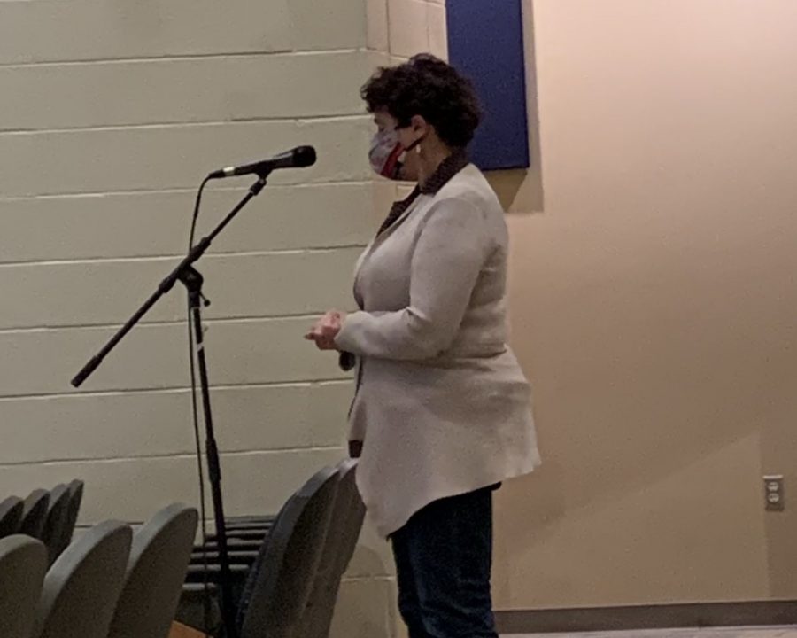 Talawanda resident Amy Shaiman tells the school board Monday not to do anything that would make it more difficult for members of the public to address the board.