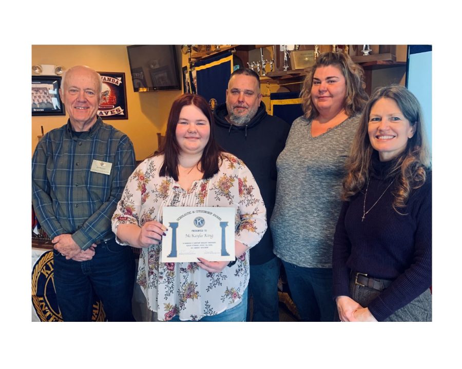 McKayla King is the  winner of the Kiwanis Scholastic & Citizenship Award. From left to right:  Jim Michael, Kiwanis representative; McKayla King; Jeff King, father of McKayla; Jalinda King, McKayla’s stepmother; and Teresa Peter, counselor from Talawanda High School.