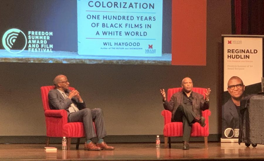 Reginald Hudlin, recipient of this year’s Freedom Summer ’64 Award (right), discusses the evolution of Black images in film, Sunday, in Hall Auditorium, with author and Professor Wil Haygood at Miami University.