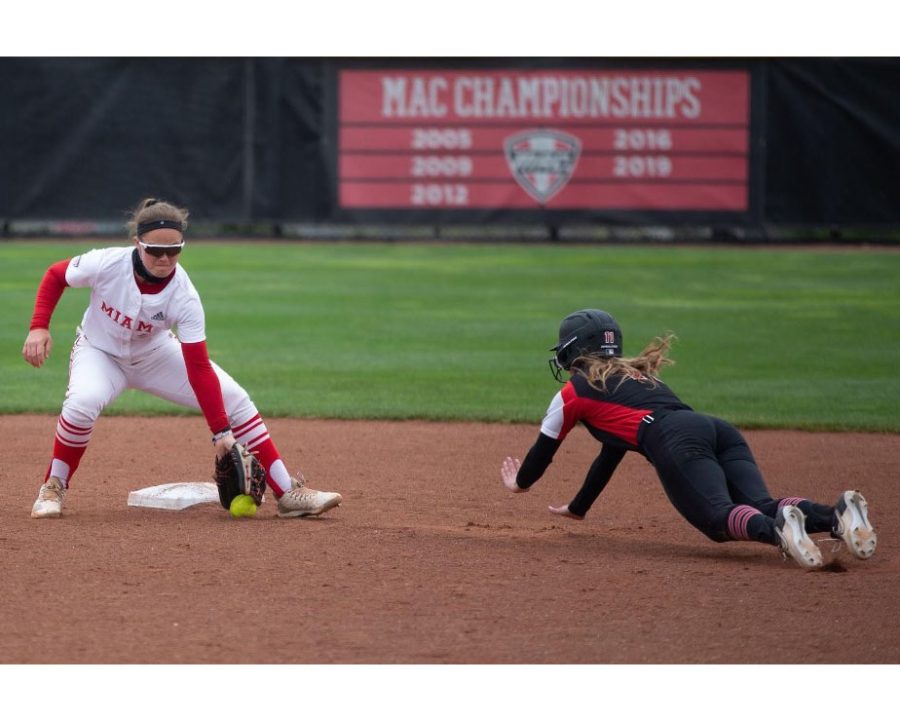 Redhawk shortstop Adriana Barlow makes a tag on a runner.