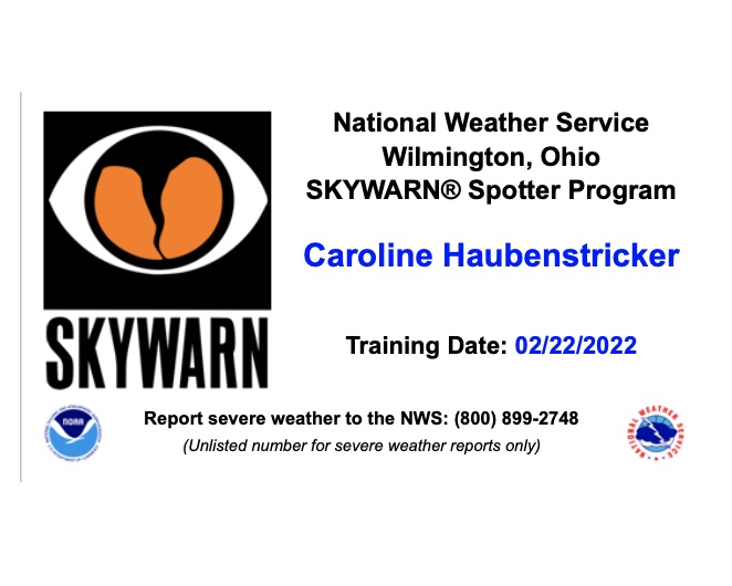 Reporter Caroline Haubenstricker took the training while reporting this story. This is her Skywarn Storm Spotter card for the NWS Wilmington, Ohio County Warning Area. 