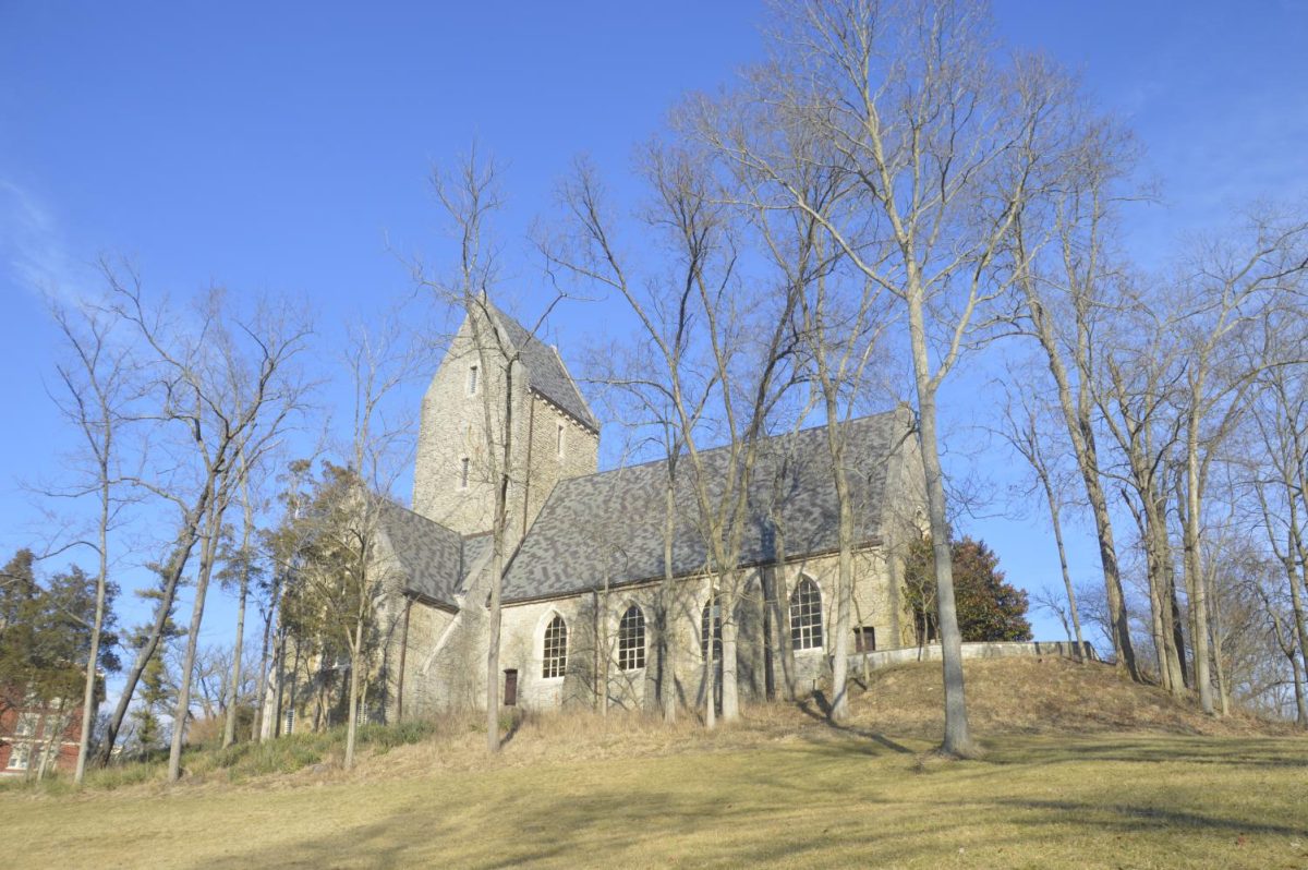 Kumler chapel was built on a grassy slope, close to a stone bridge and a quiet pond. Historic Peabody Hall is located to the east of the main drive.