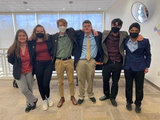 The THS Varsity Mock Trial Team :(from left) Julia Peter, Eliza Sullivan, Eliot Berberich, Alex Stenger, Shr-Shiang Moore and Muhammed Khan. 