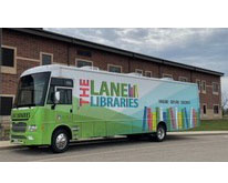 The Lane Libraries Bookmobile, parked outside Bogan Elementary School during one of its monthly visits. The Bookmobile services schools throughout the region. 