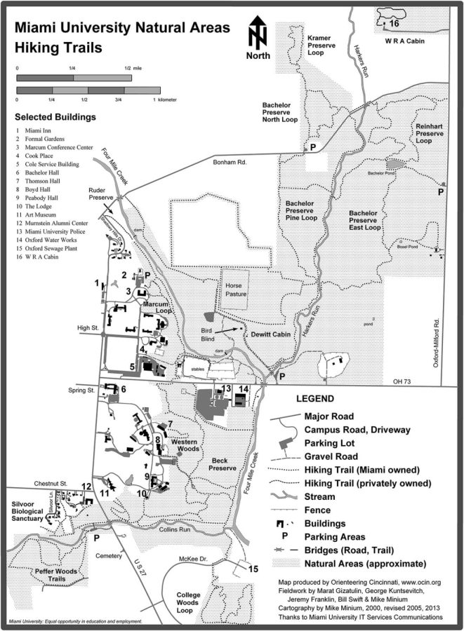 This map shows the various hiking trails within Miami Universitys natural areas.