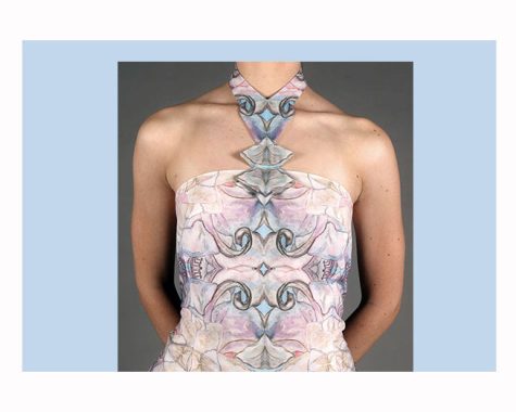 Using fine art painting, digital printing, fashion draping, and sewing by hand and machine this collaborative dress was made by Della Reams and Larry Rushing. Reams’ work is inspired by color, the female body form and Rushing’s paintings.