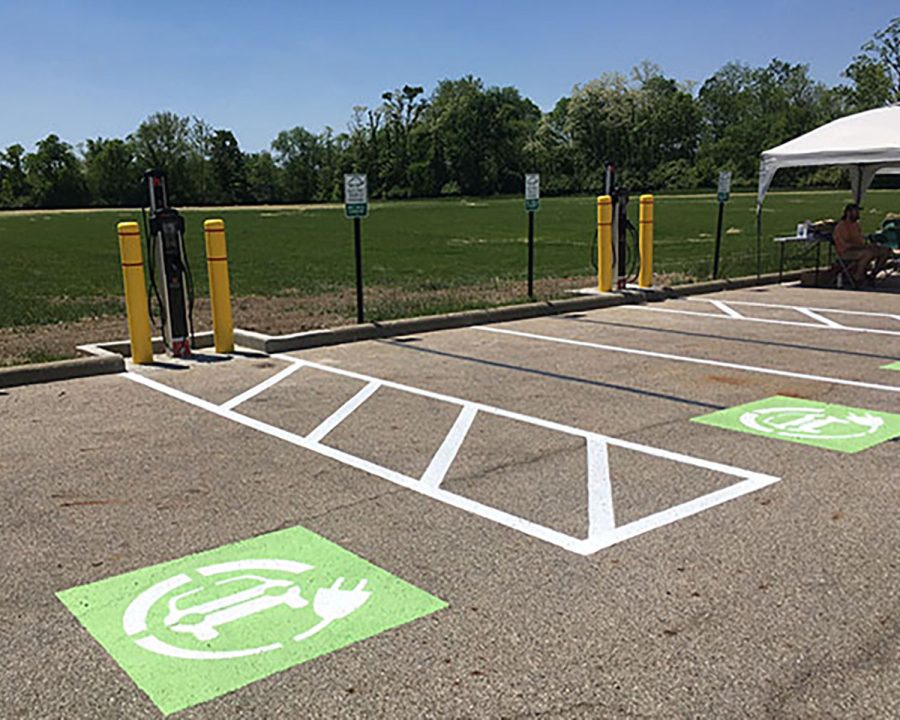 Two EV charging stations located in the Chestnut Fields parking lot.