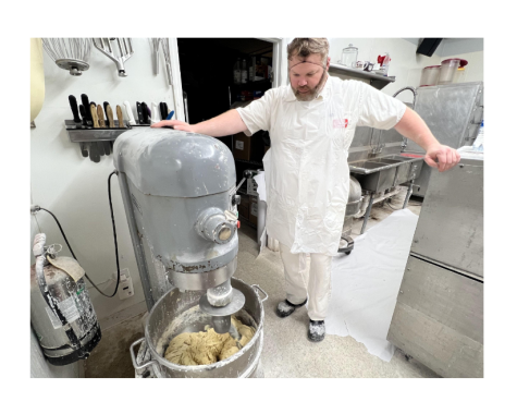 Joshua Francis uses a Hobart mixer to make the doughnut dough. The mixer is actually an original appliance of the Shoppe that was handed down from each owner.
