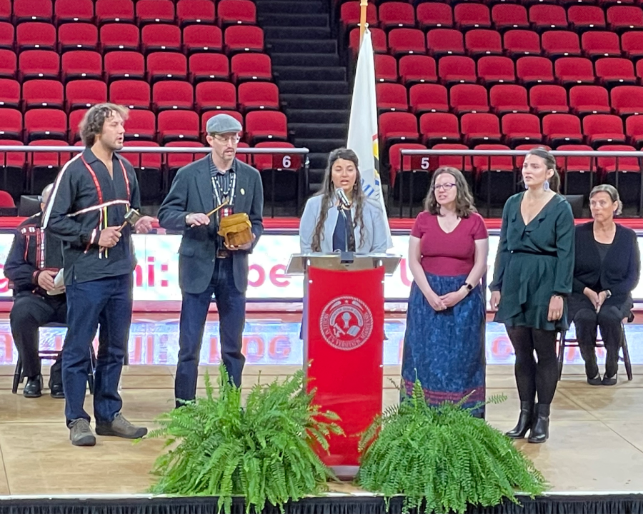 The Myaamia welcome song is performed at the start of a ceremony celebrating the 50th anniversary of the relationship between the Miami Tribe of Oklahoma and Miami University. The singers are George Ironstrack, Haley Shea, Jarrid Baldwin, Kara Strass and Tina Fox.