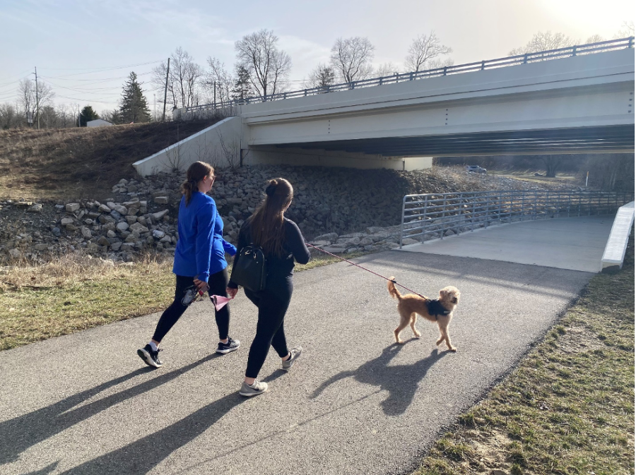 Two people walk their dog on the trail near Peffer Park. Phase three will connect the park to the Talawanda High School. 