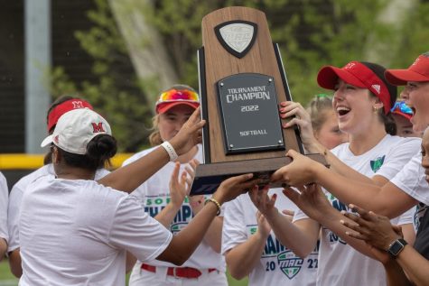 The RedHawks hoist the MAC championship trophy in 2022.