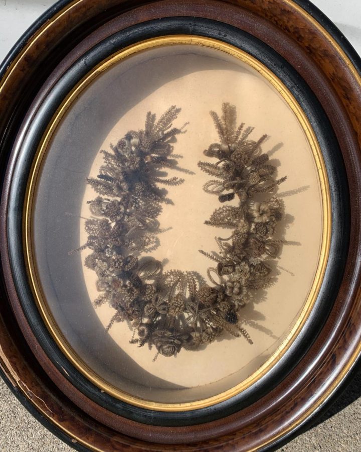 A hair wreath Gayla Ford’s great-grandmother made in 1868 with horsehair from a famous horse that lived in England.