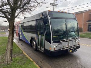 A Butler County Regional Transit Authority bus stops in Oxford for passengers.

