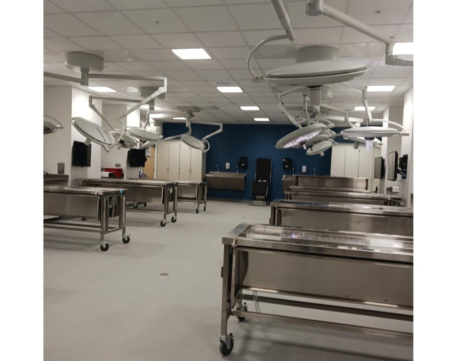 Miamis new health building includes medical classroom. This is one where dissections will take place here, with bone saw technology available when needed. 