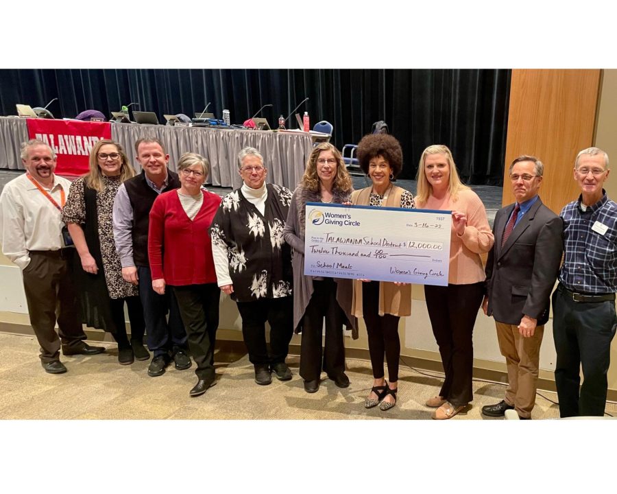 Representatives from the McCullough-Hyde Women’s Giving Circle–Sibyl Miller, Mary Bennett and Katie Pirigyi–presenting their inaugural grant to Talawanda administration and school board members.