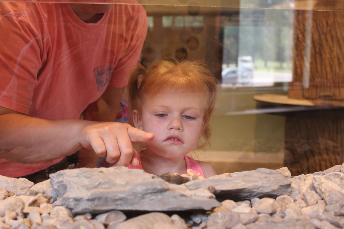 Rebekah Miller points out the reptile in a display at the Hueston Woods Nature Center to Callie Hale, 3, both of Eaton, Ohio. 

