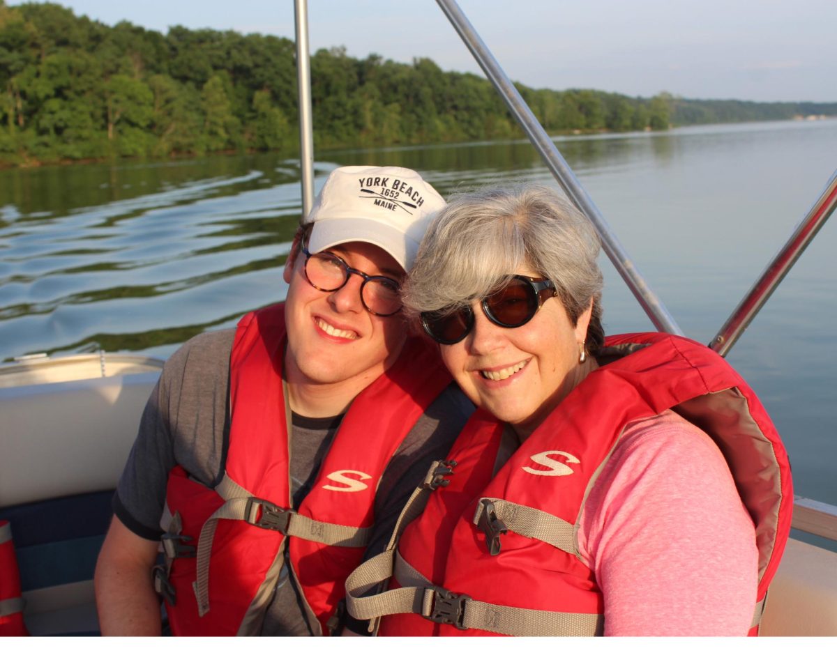 Julia Corso and her son Bennett Corso pose for a photo during a pontoon tour at Hueston Woods. 