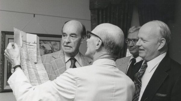 Walter Havighurst, former dean of libraries Donald Oehlert, former music student Gordon Wilson,  and Phillip Shriver. Image provided by Miami University. 