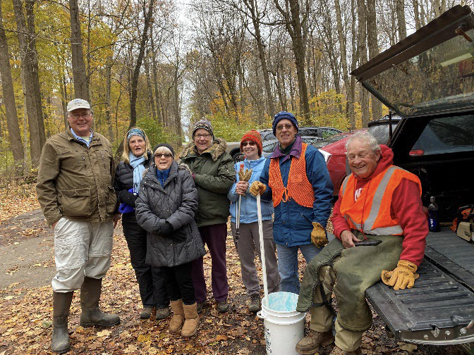 Volunteers helped with an Audubon Miami Valley workday at the Hueston Woods Big Woods State Nature Preserve in November 2021.