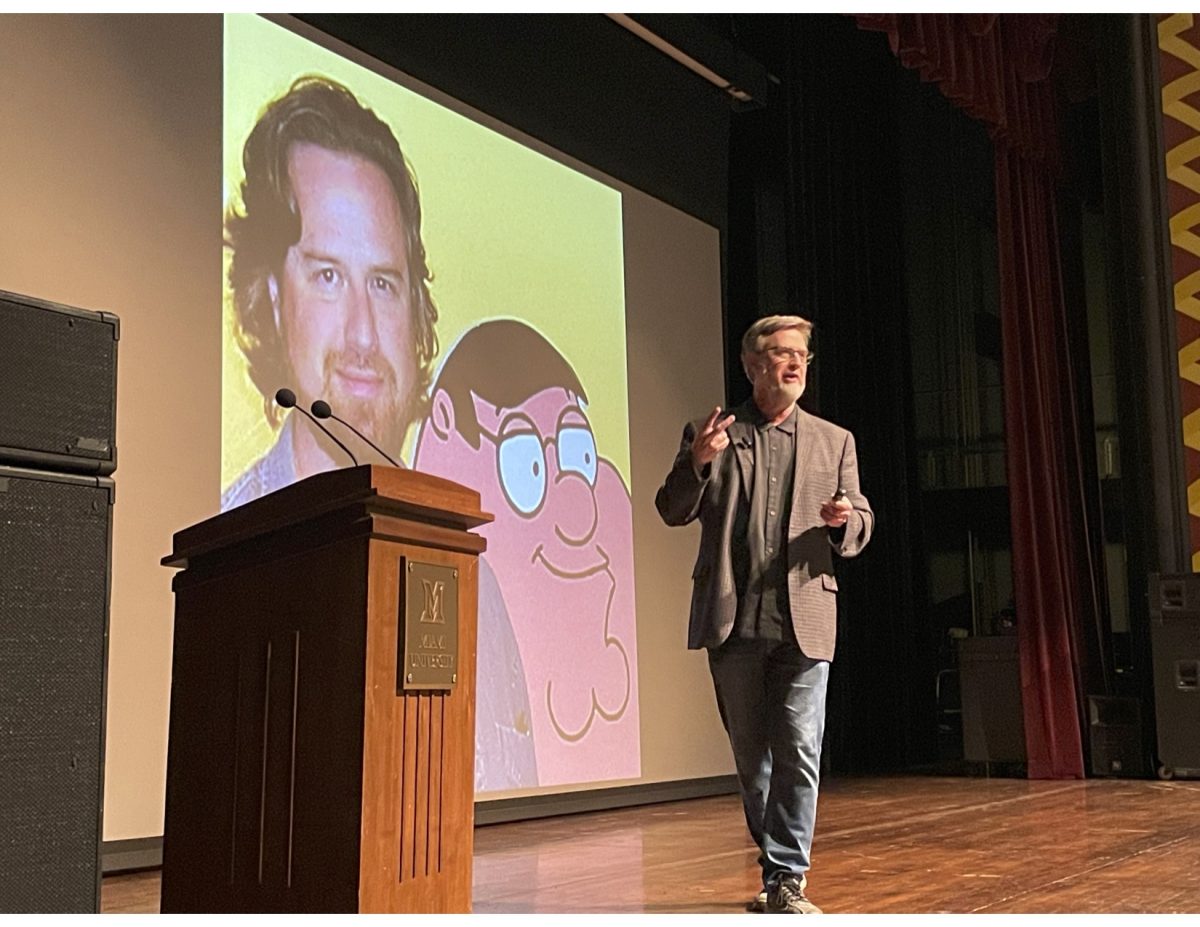 Dan+Povenmire%2C+the+co-creator+of+%E2%80%9CPhineas+and+Ferb%E2%80%9D+and+contributor+to+many+other+popular+animated+shows%2C+speaking+at+Hall+Auditorium.+
