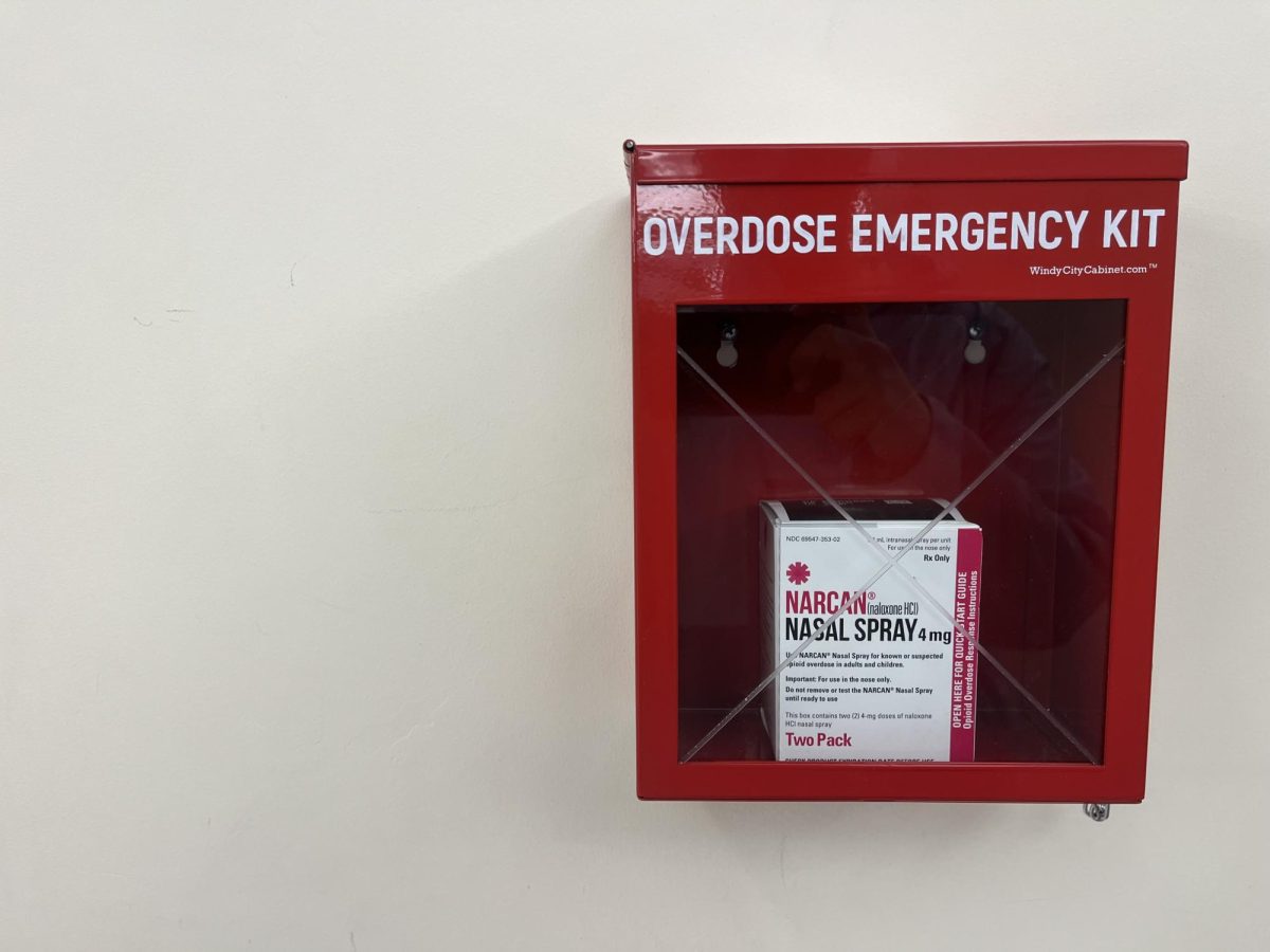 Overdose emergency kit located in King Library next to the information desk. 