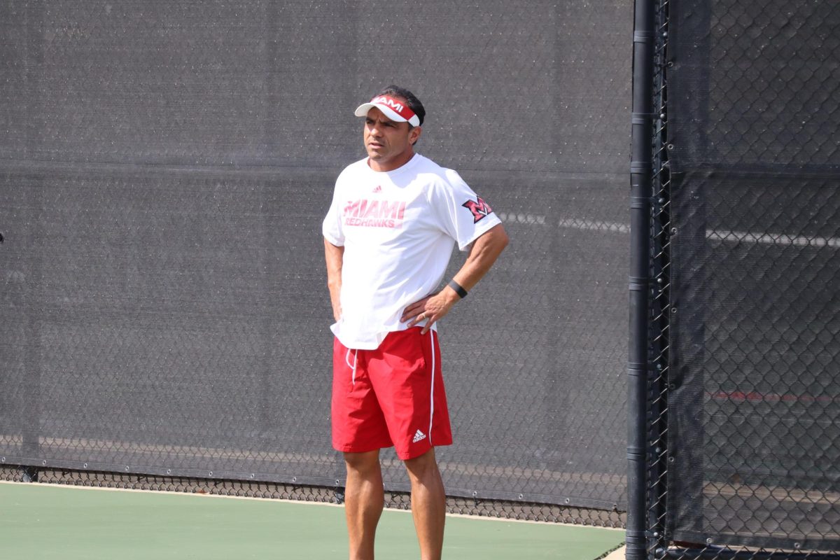 Miami University tennis head coach Ricardo Rosas during practice leading up to the first Mid-American Conference match of 2024.