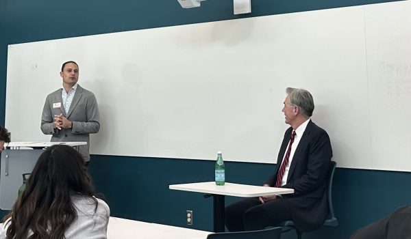 Former Oakland A’s executive Billy Beane speaks with Miami professor Adam Beissel at the new McVey Data Science Building. Photo by Jack Mueller

