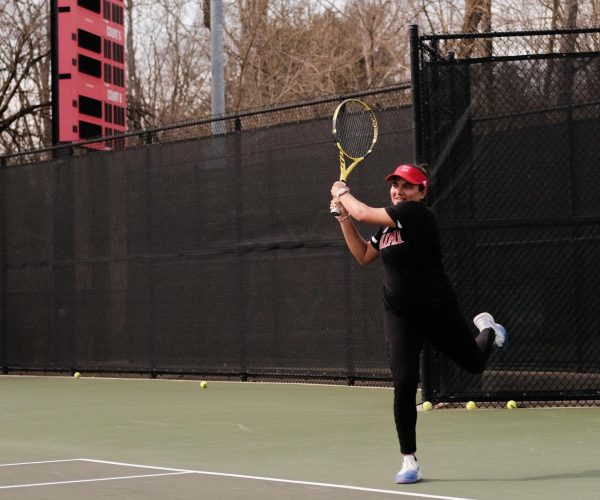 Sarah Dev during practice on Miami’s tennis court, in preparation to face Eastern Michigan on March 17.
