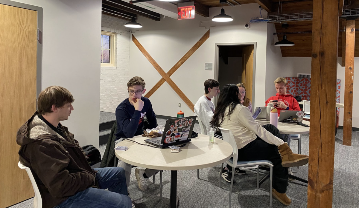 Miami University’s College Republicans club watches Ohio’s primary election results roll in March 19. Pictured are organization members Spencer Mandzak, Drew Belcher, Victoria Rivas, Taylor Crawford, and Chad Doran. 