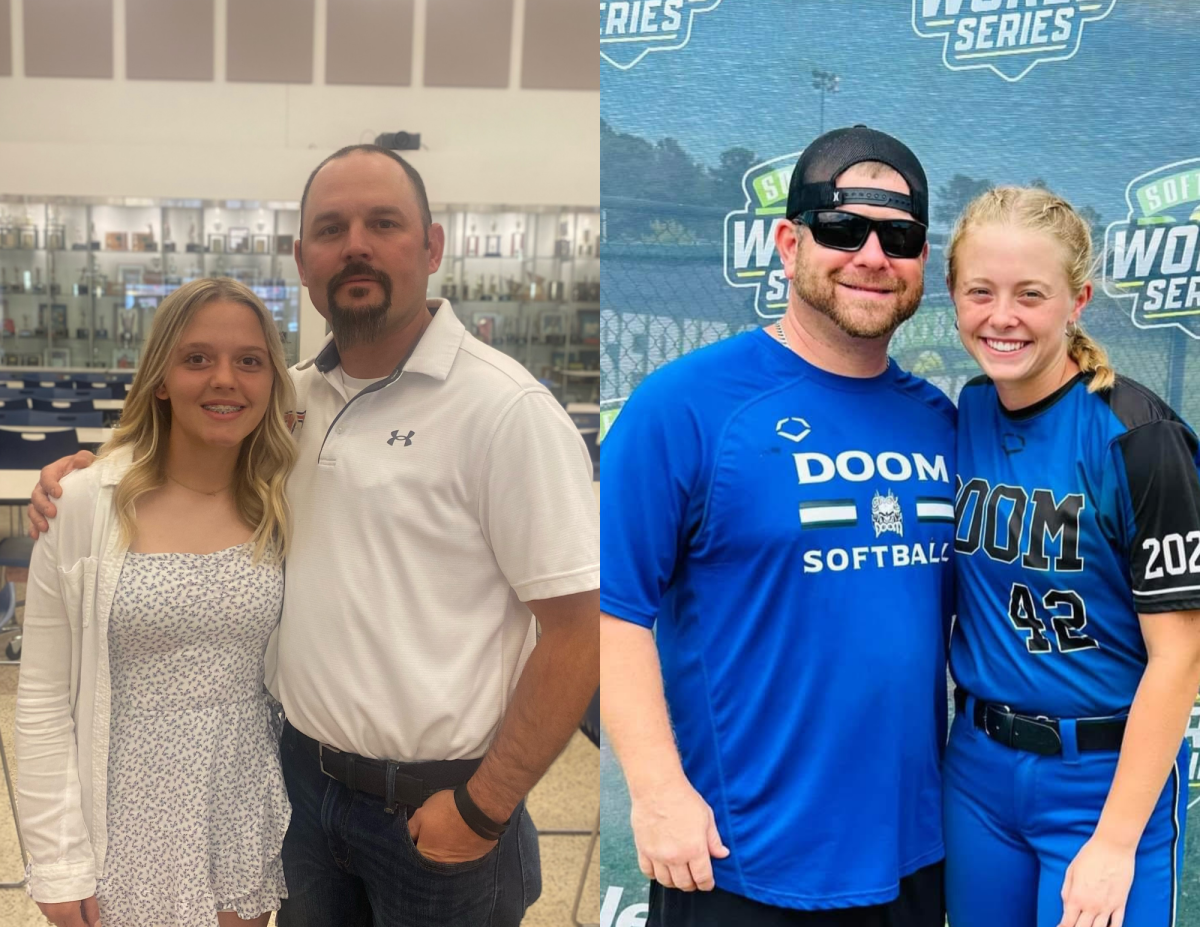 Paisley and Ryan Kerby together during last season’s banquet (left) and Kylie and John Cobb pose in their uniforms (right). Photos provided by Ryan Kerby and John Cobb.