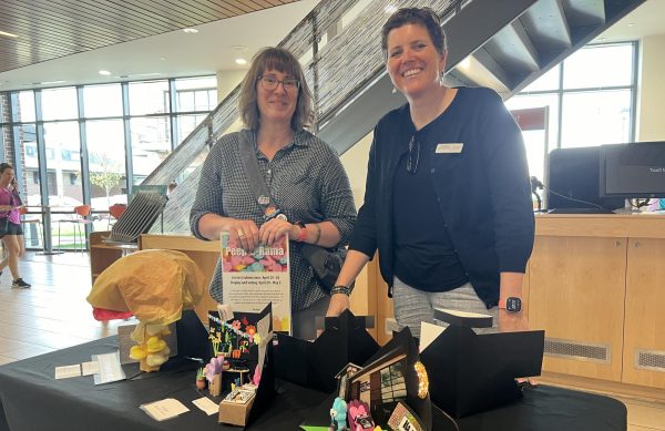 Jackie Berberich (left) and Sarah Gifford (right) each helped create staff entries for Oxford Lane Library’s Peep-O-Rama contest.