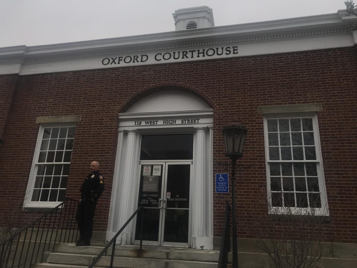 Officer+Benjamin+Hool+with+OPD+stands+on+the+steps+of+the+Oxford+Courthouse+after+being+subpoenaed+to+testify+about+the+incident+that+occurred+on+Nov.+18.