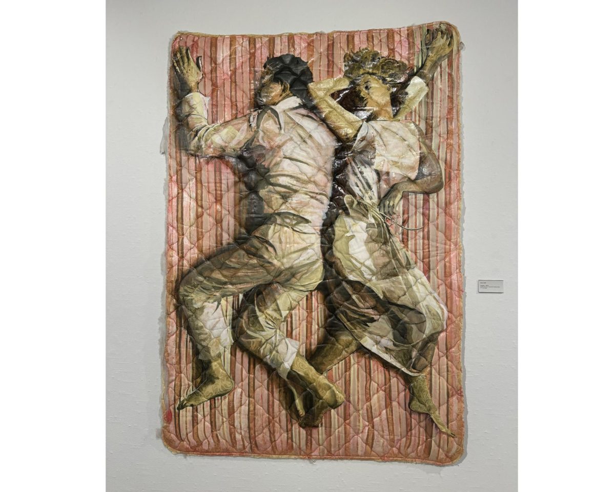 Titled Couple 1, 2019. Acrylic and oil on reclaimed mattress fabric.
