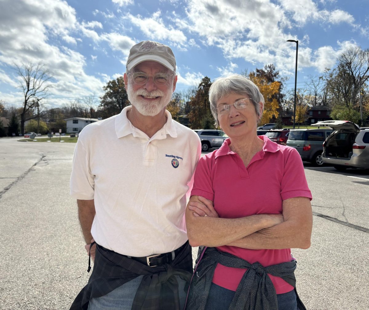 J. and Valerie Elliot smile for the camera after voting in the 2024 election at Kramer Elementary. 