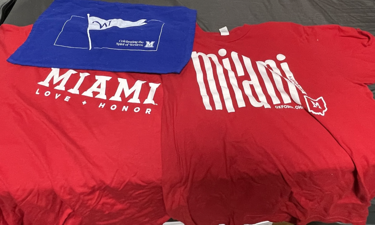 Miami University T-shirt toss shirts and Western College towel are among the items given away at this year’s athletic events. 