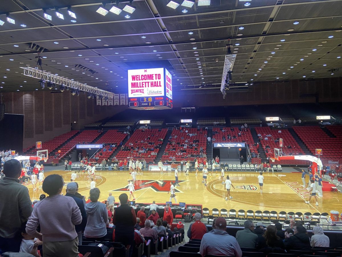 The Miami RedHawks play at MIllett, but the university wants to build a new arena more centrally on campus.  At the basketball game at Millett Hall Feb. 11, seats were closed off with a small crowd in attendance