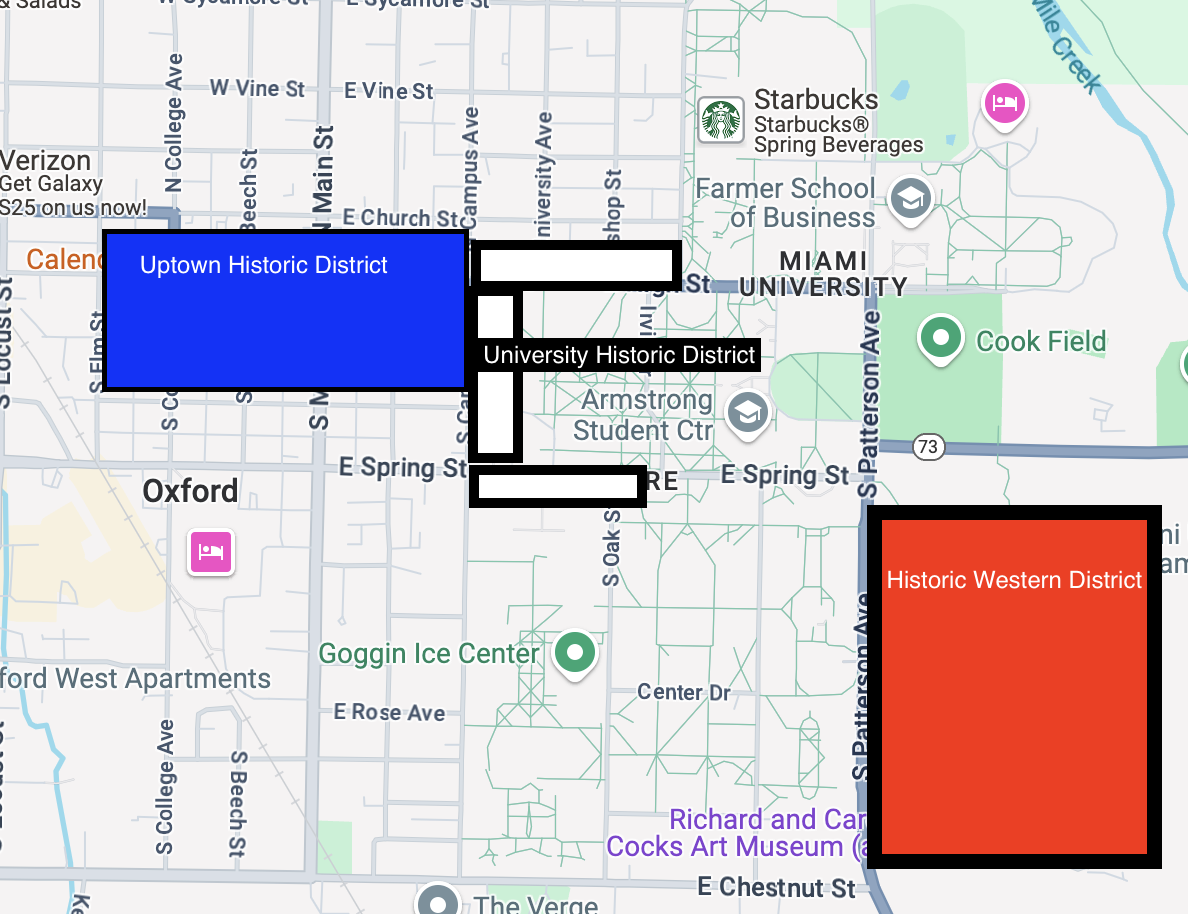 The Historic District Design Guidelines provide standards for new construction in any of Oxford's historic districts. The guidelines will ensure the preservation of the historic character and cultural significance of the historic districts. 